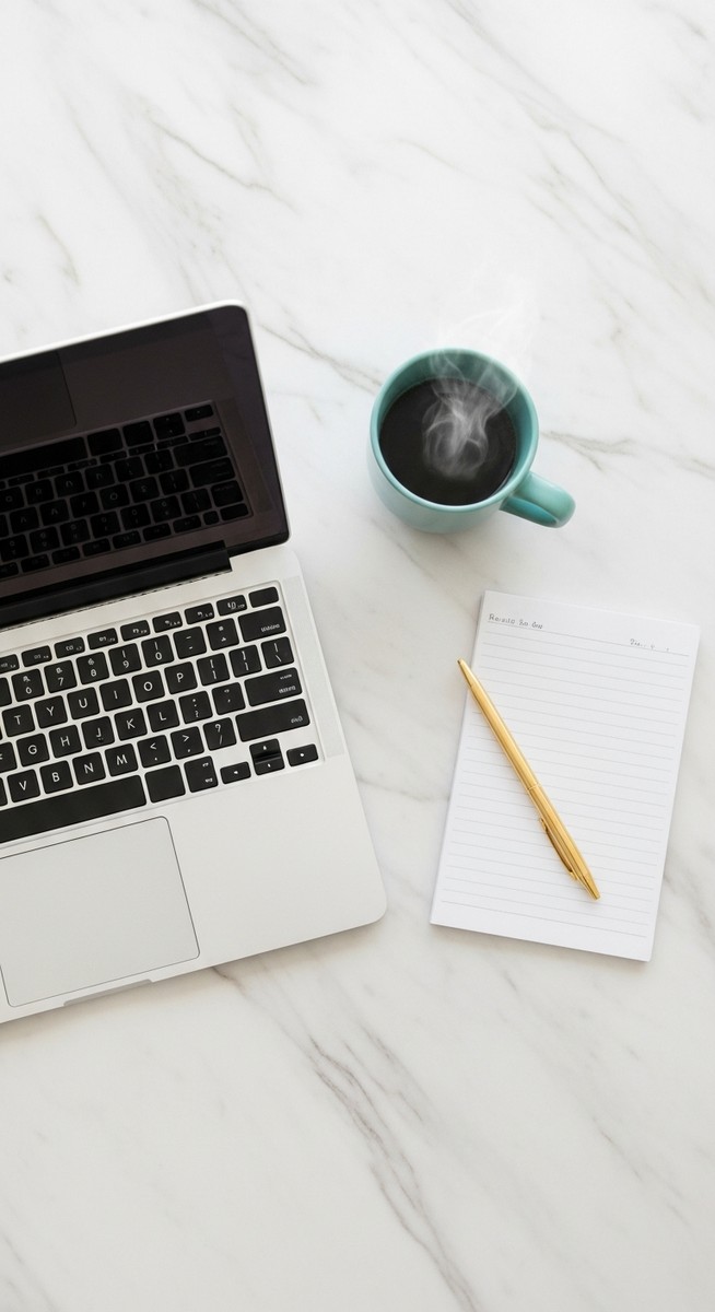 a flatlay of a laptop and teal mug on a marble surface for freelancing