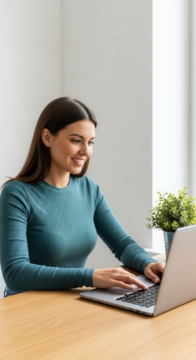 woman looking satisfied at her laptop screen at home