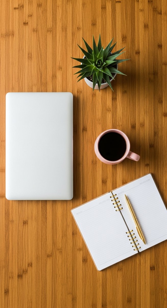 a flatlay of a planner, laptop, and succulent on a wooden surface for freelancing