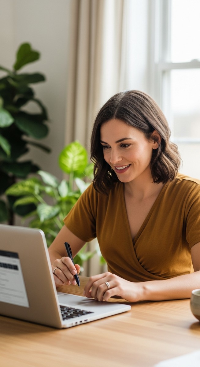 woman smiling and thinking at her home office desk
