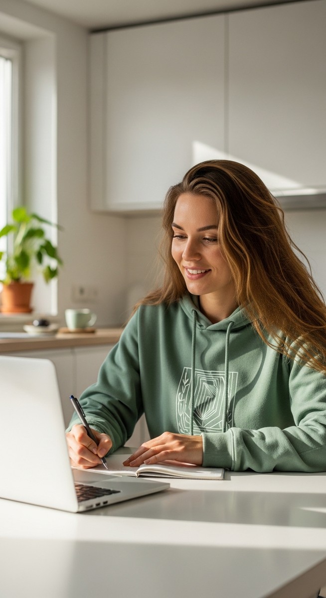 a young woman taking notes next to her laptop at a kitchen table for freelancing