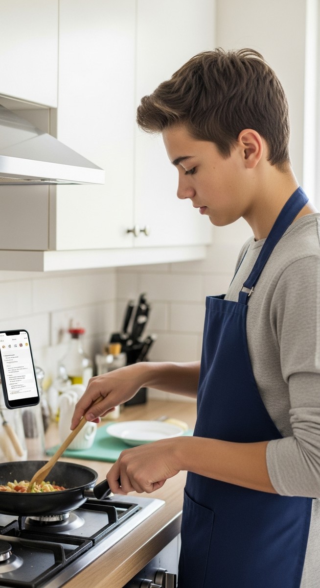a teenage boy following a recipe on his phone while cooking in a kitchen for budgeting