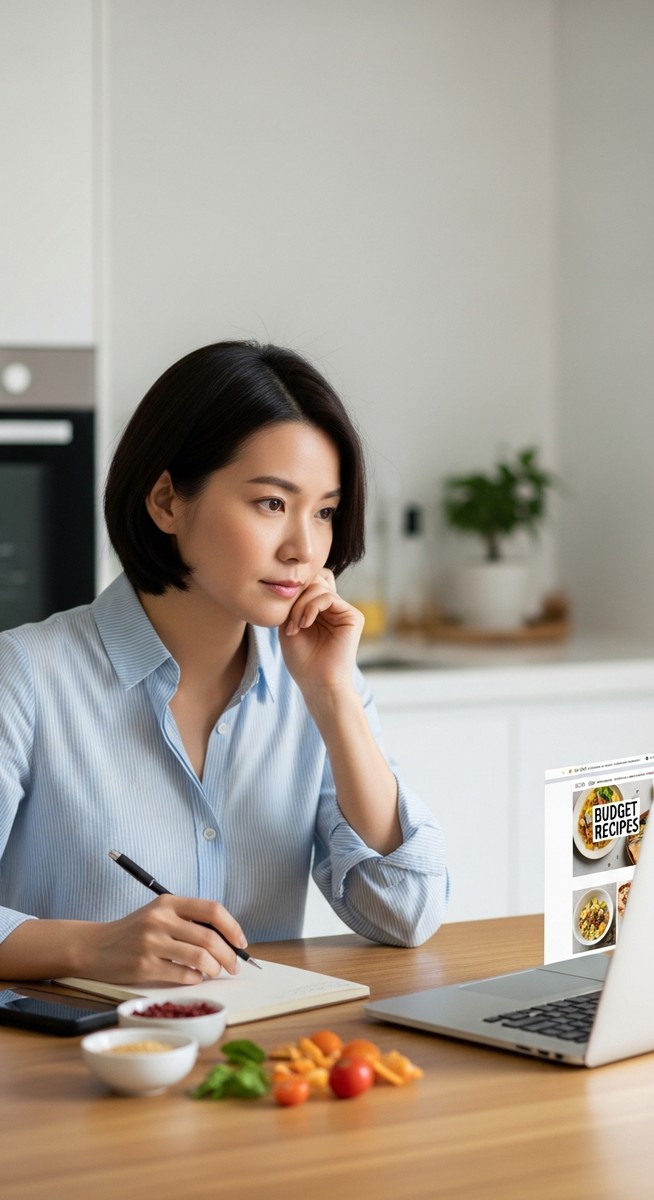 a woman browsing budget recipes on a laptop with a notepad and ingredients at a kitchen table for budgeting
