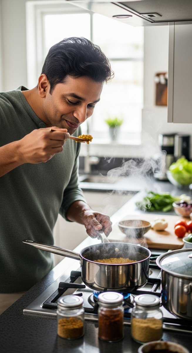 man tasting from a wooden spoon while cooking a simple dish in a bright kitchen