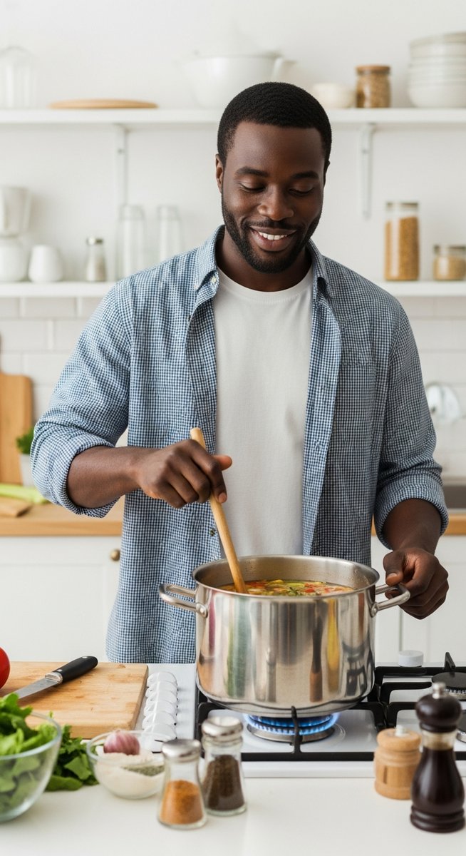 man stirring a pot of homemade soup on the stove in a bright kitchen