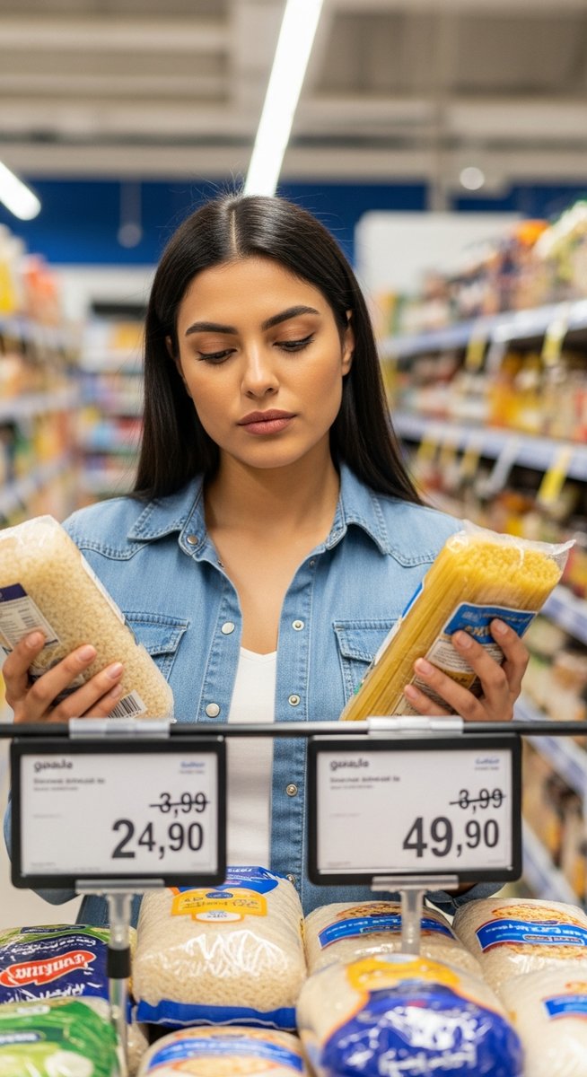 woman comparing price labels on budget food products in a supermarket