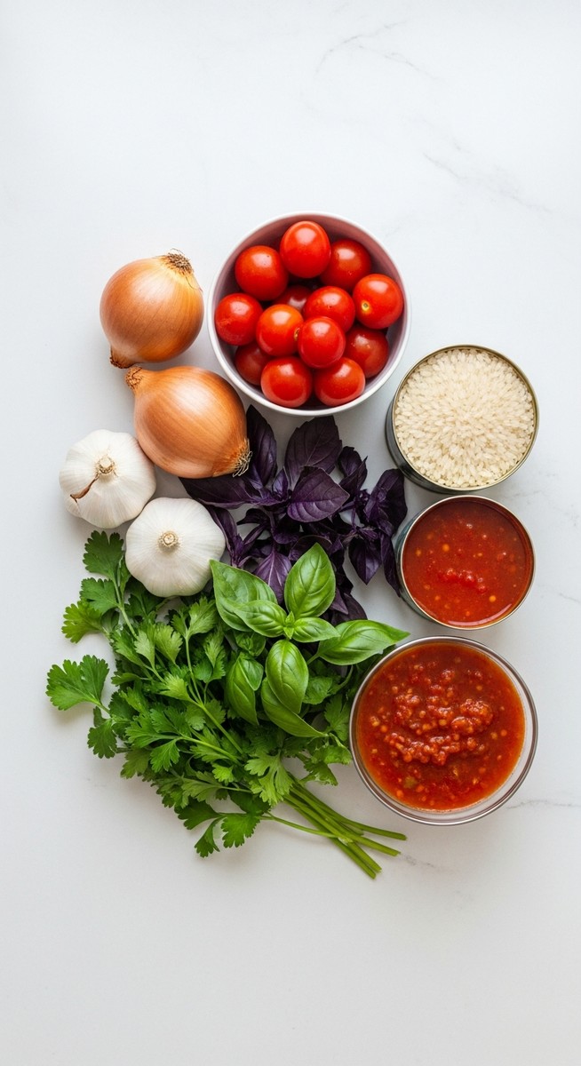 a flatlay of budget staple ingredients including lentils, rice, tinned tomatoes, onions and herbs on a kitchen surface for budgeting