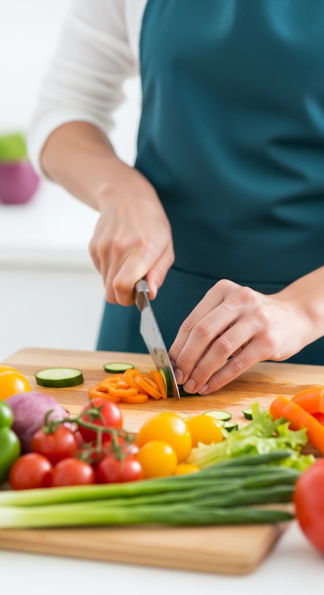 a hands chopping colourful vegetables on a wooden chopping board in a kitchen for budgeting