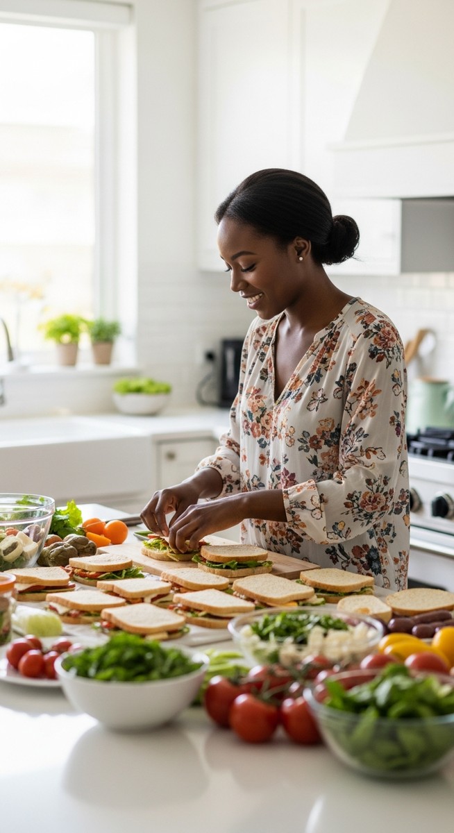 young woman making a large batch of wraps in a bright kitchen