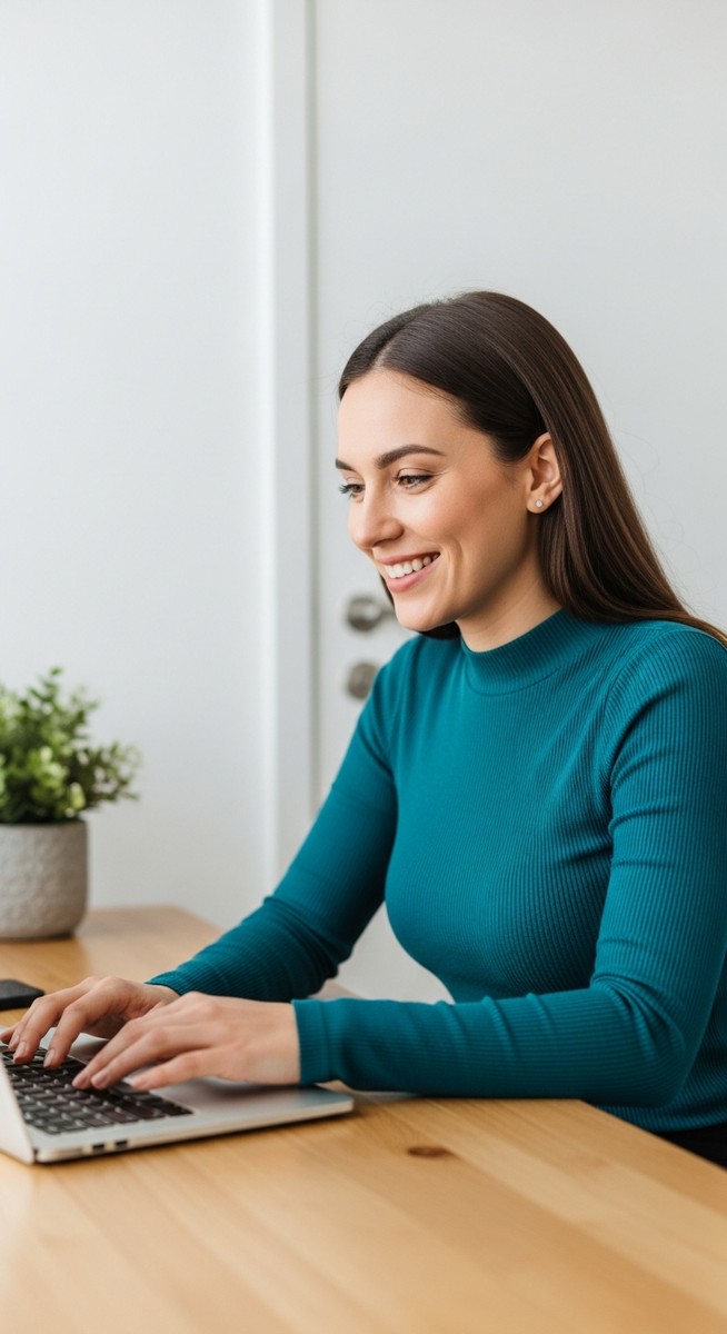 woman looking satisfied at her laptop screen at home