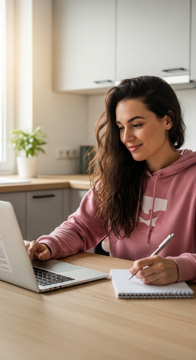 young woman taking notes next to her laptop at a kitchen table