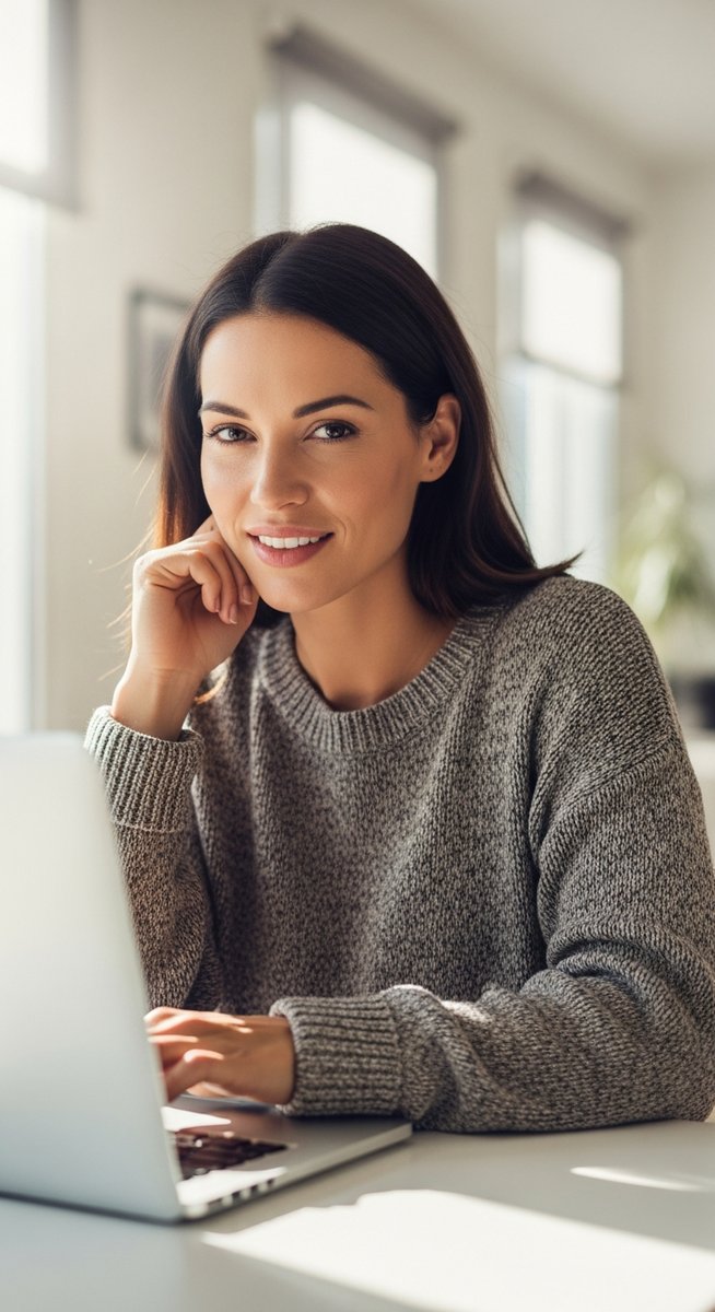 woman working confidently on her laptop at a bright home desk