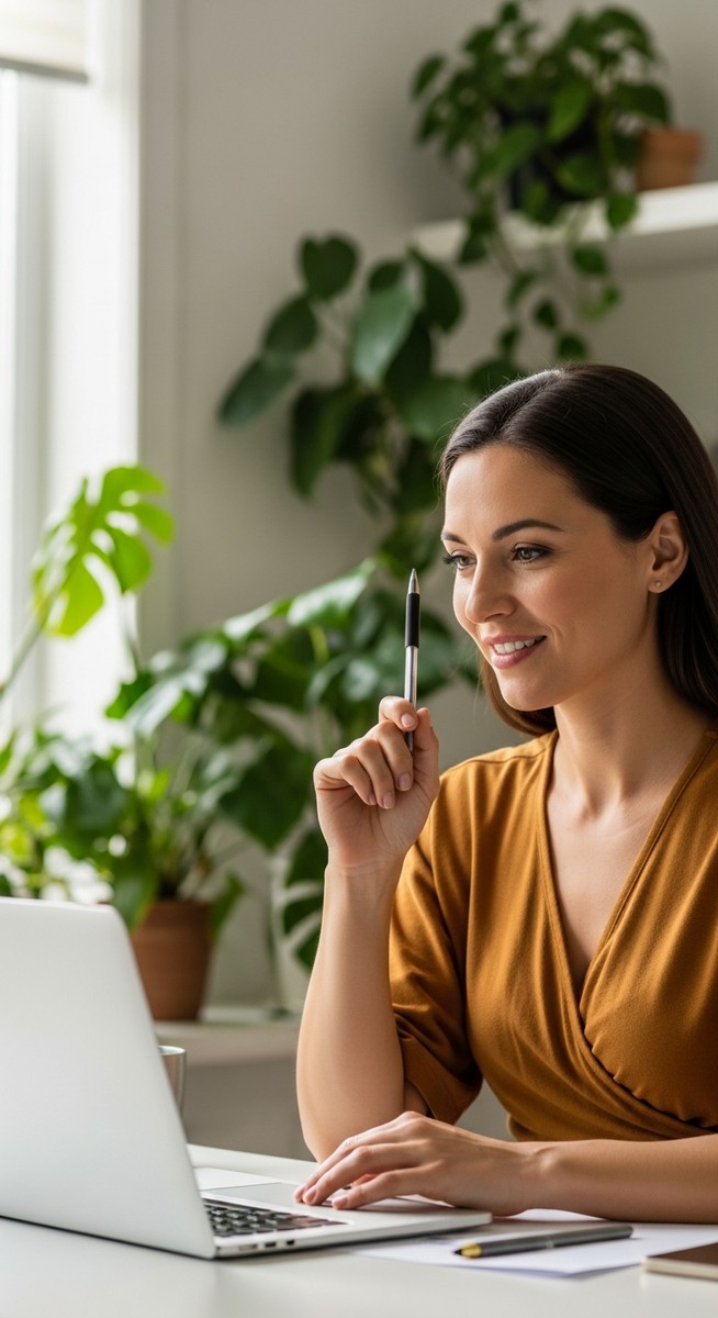 woman smiling and thinking at her home office desk