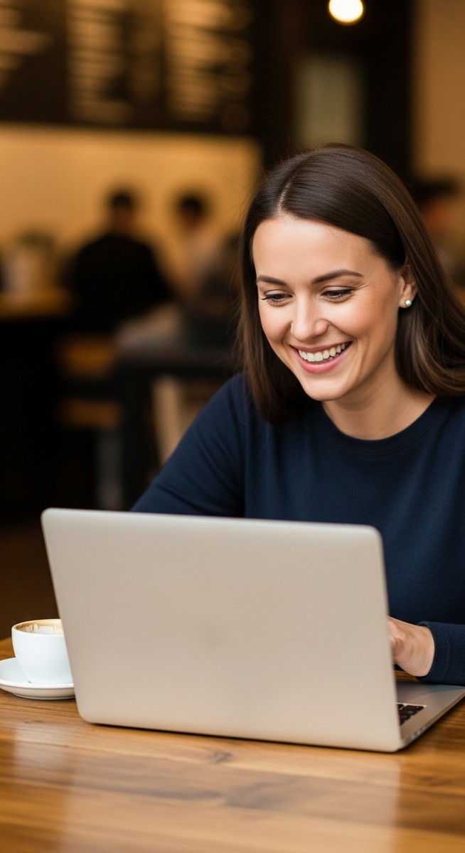 a woman working happily on her laptop to live frugally