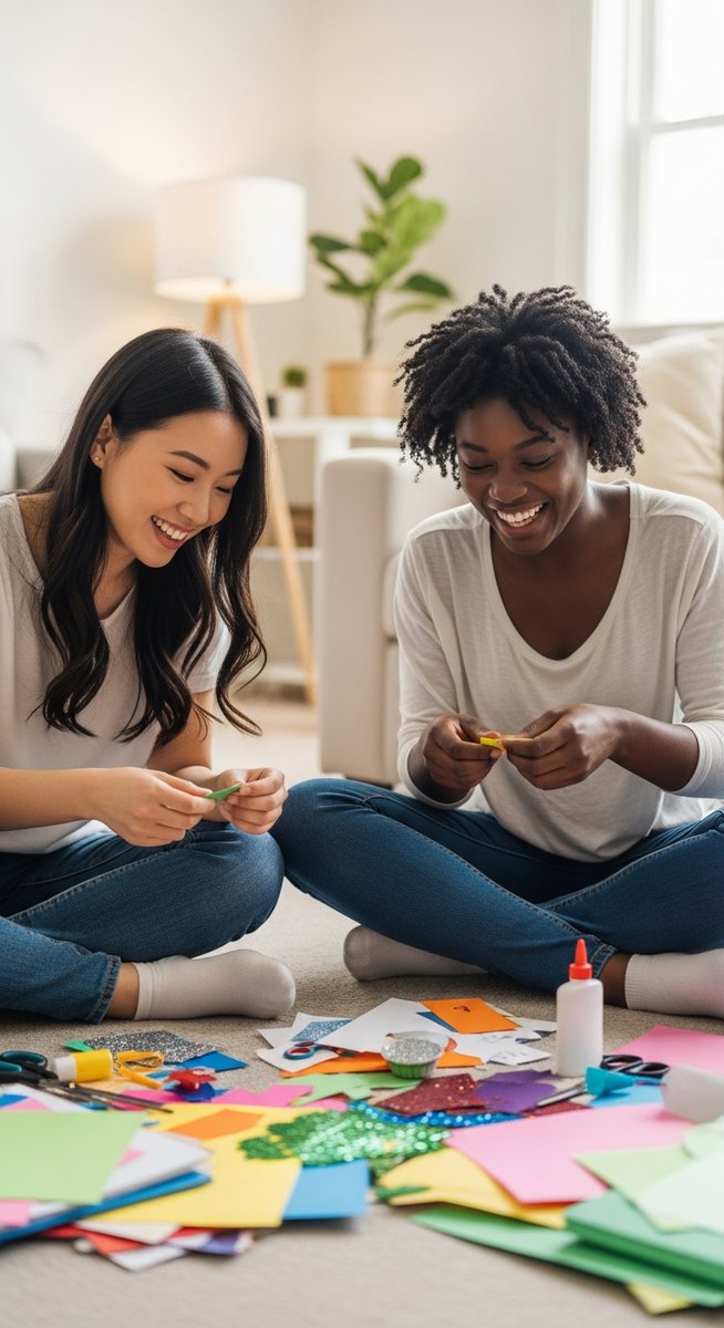 two women friends making crafts on a living room floor and laughing