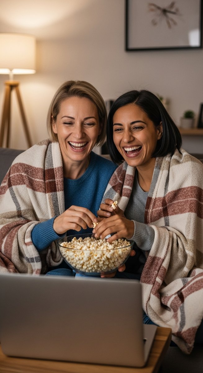 two women friends having a movie night on a sofa with popcorn and a laptop