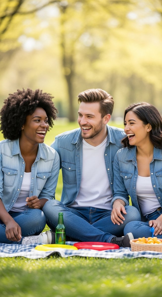 group of friends laughing on a picnic blanket in a sunny park