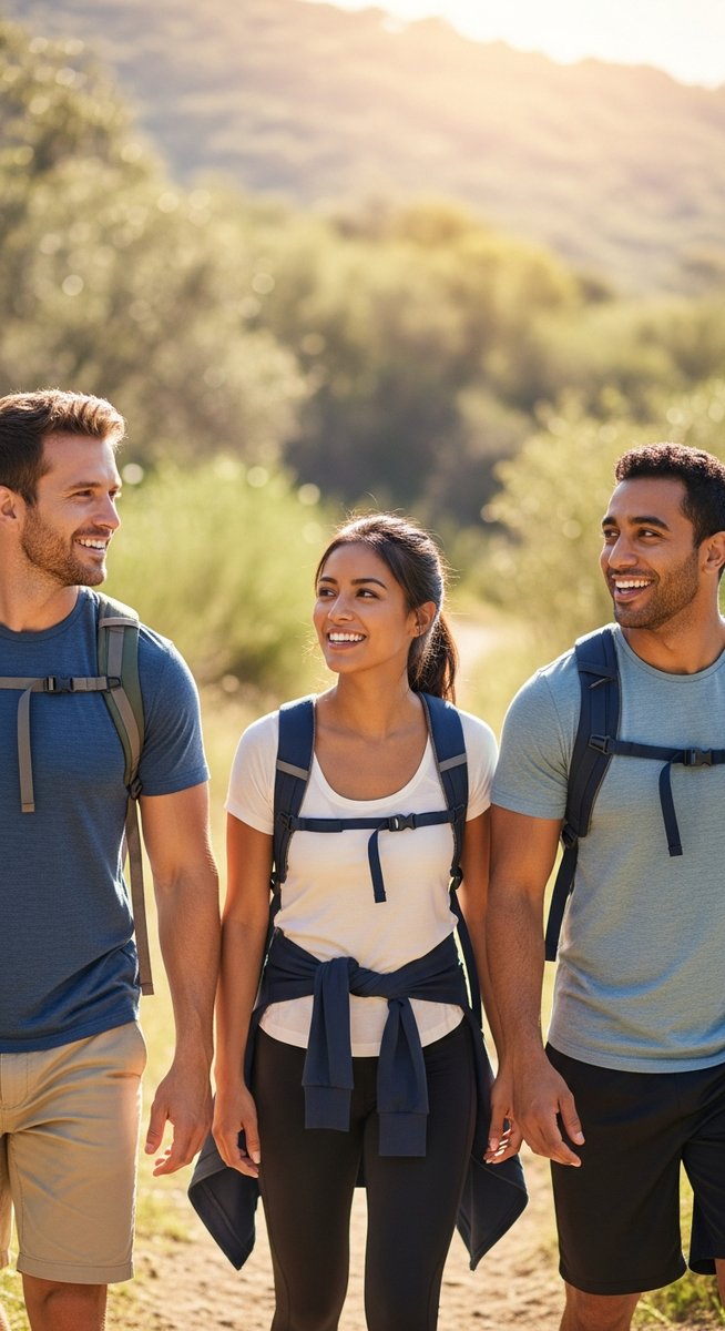 group of three friends hiking along a bright nature trail together