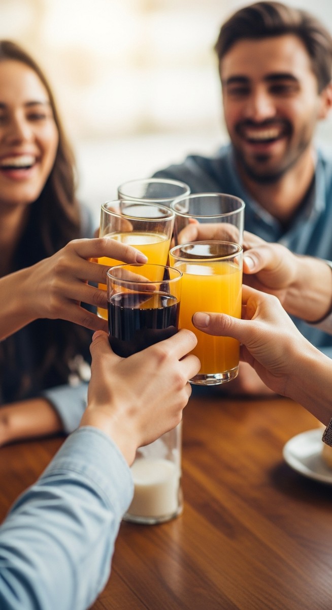 friends' hands toasting with drinks around a table with laughing faces in the background