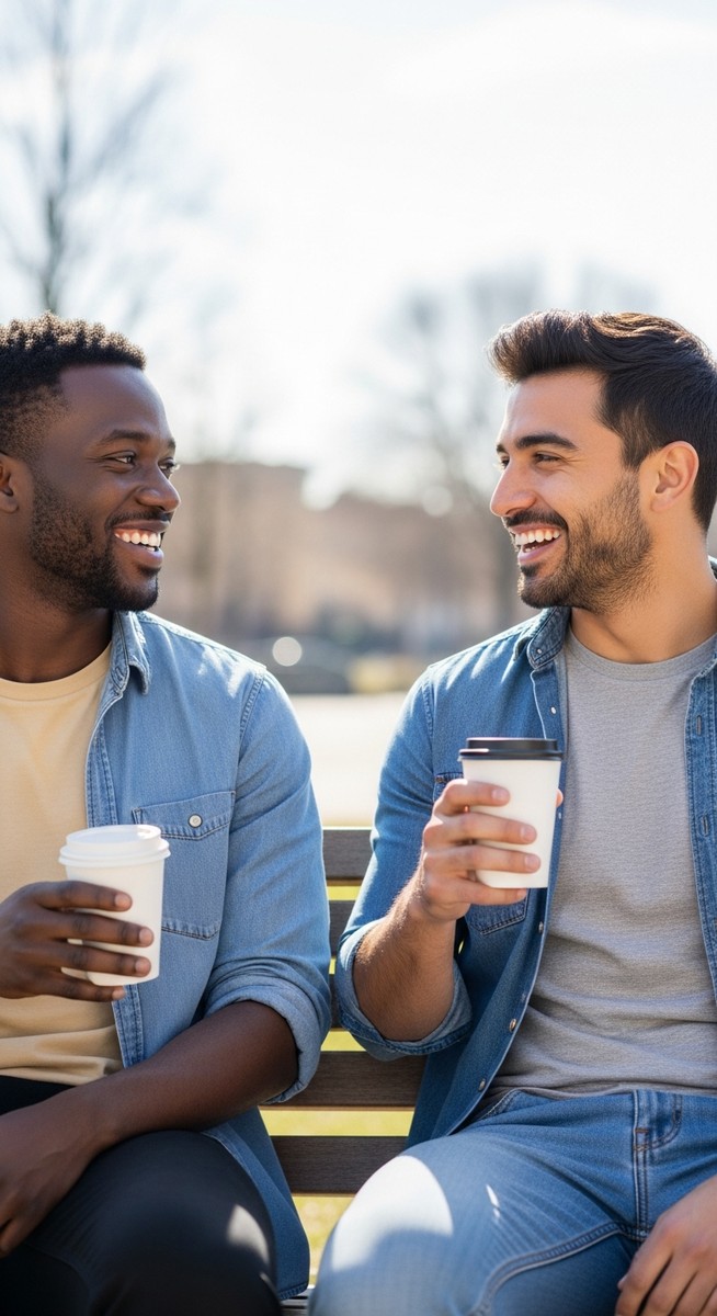 two male friends chatting and laughing on a park bench with coffee cups