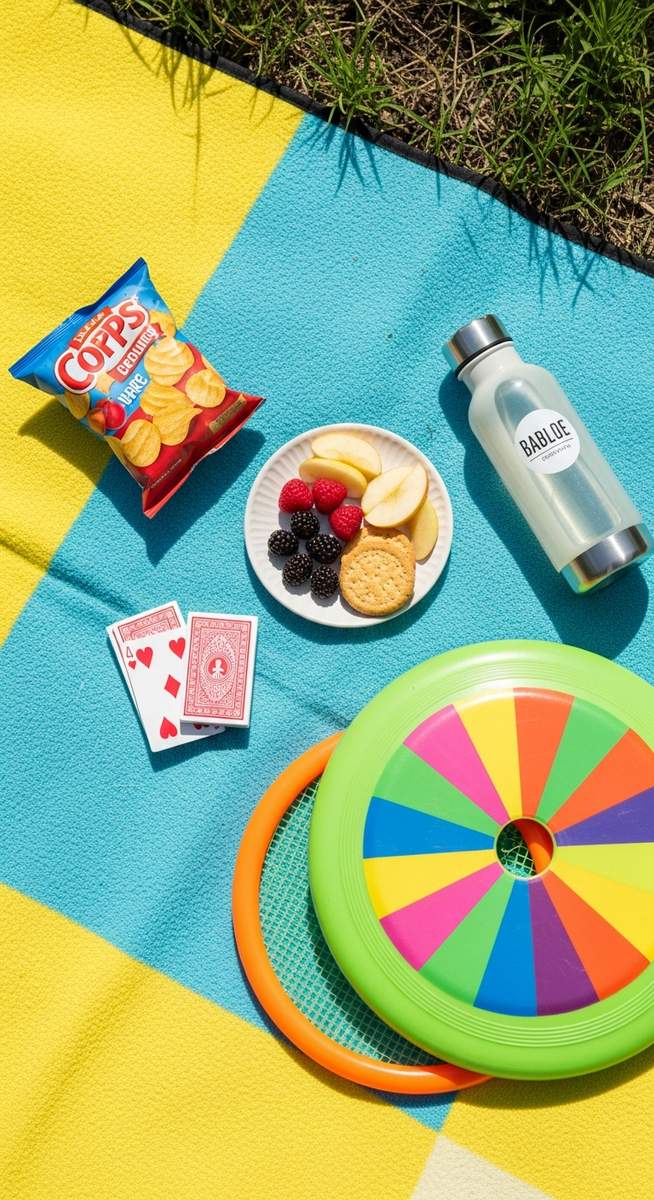 flatlay of snacks, a pack of cards, a frisbee and a water bottle on a picnic blanket