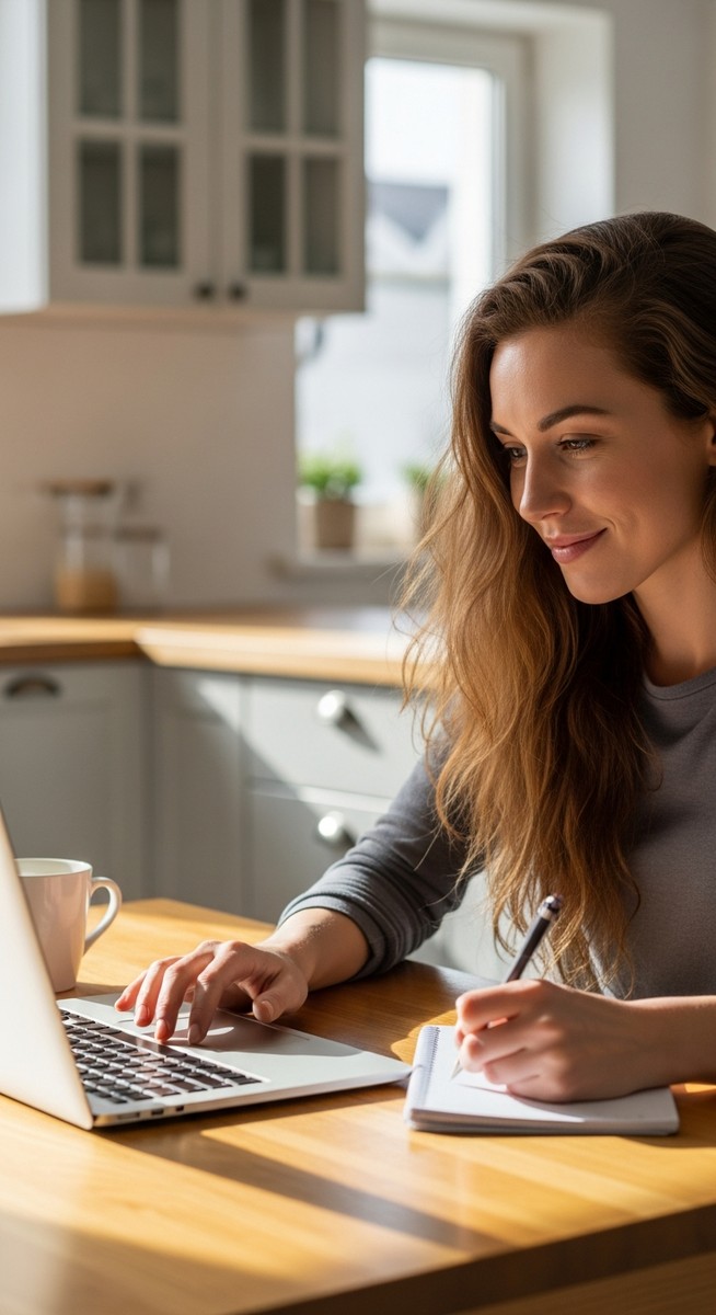 young woman taking notes next to her laptop at a kitchen table