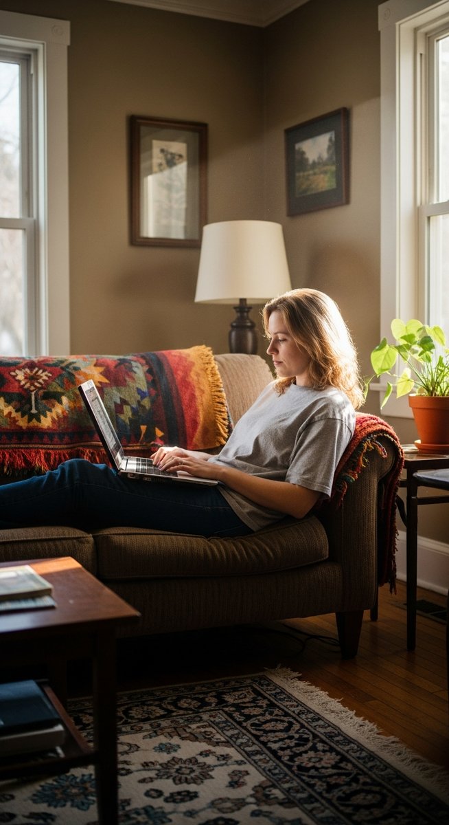 woman smiling while working on her laptop at home