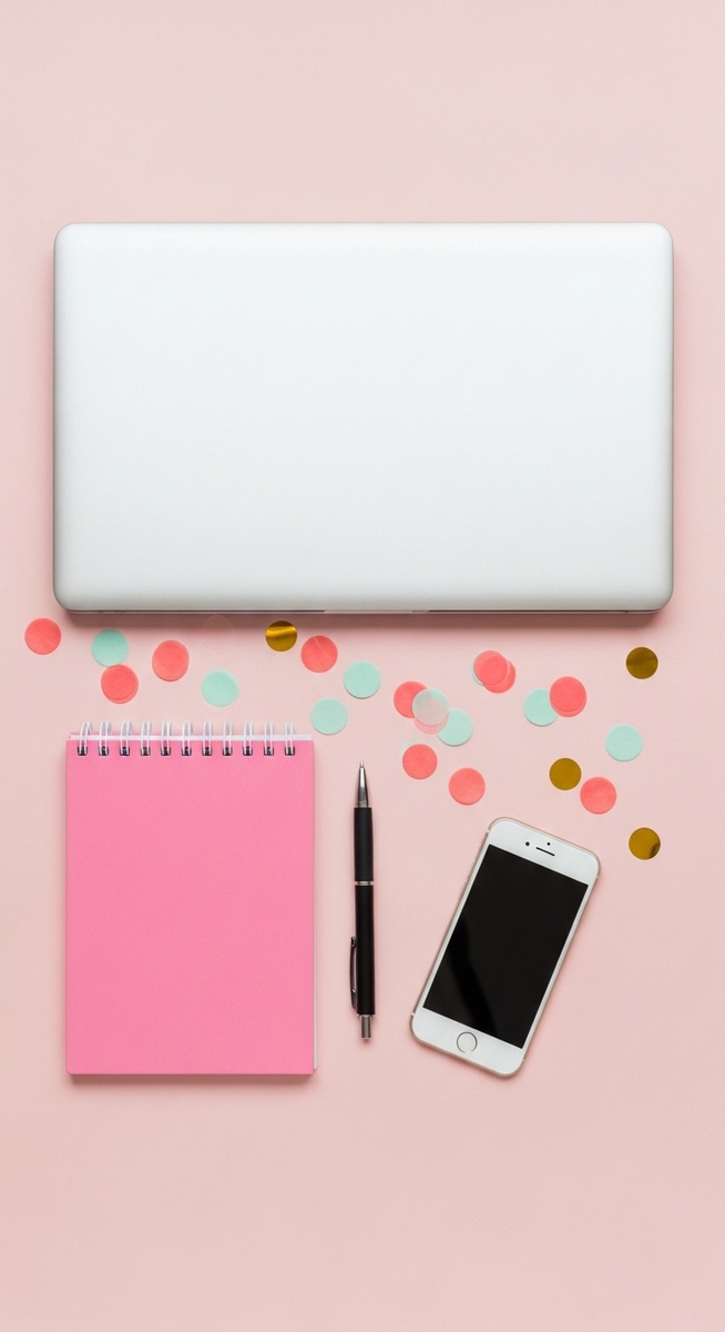 pink flatlay with laptop, notebook, and phone