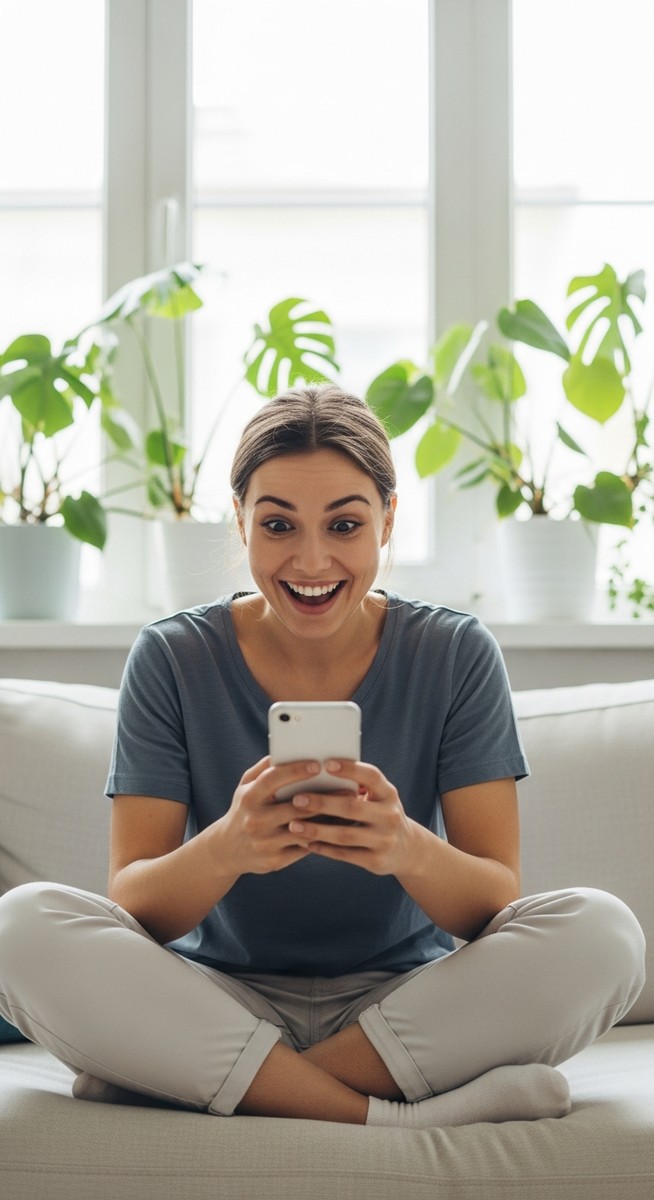 woman smiling at her phone in a bright living room