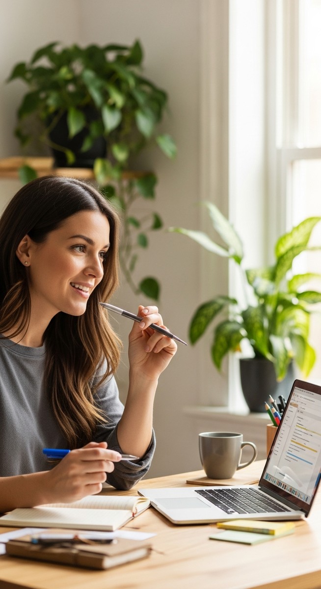 woman smiling and thinking at her home office desk