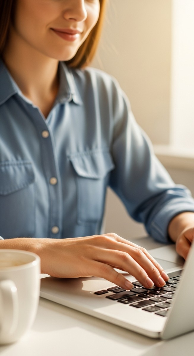 woman typing on a laptop at a bright clean desk