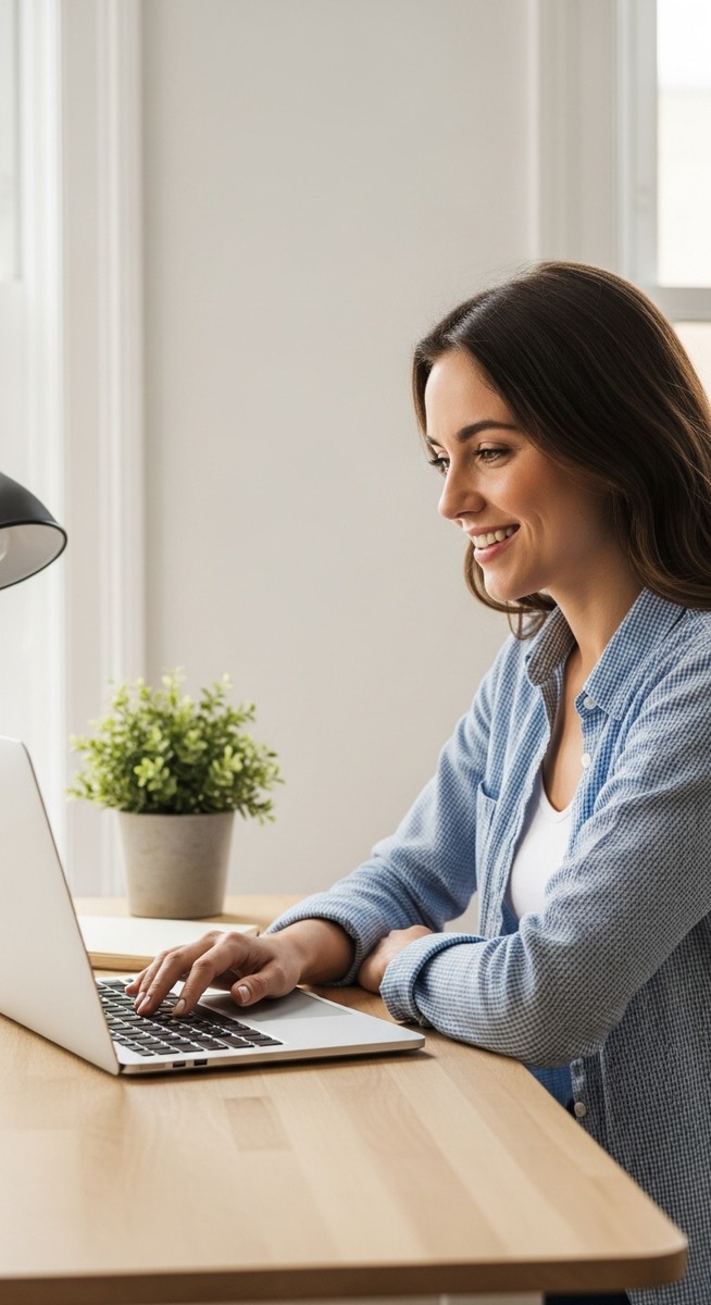 woman looking satisfied at her laptop screen at home