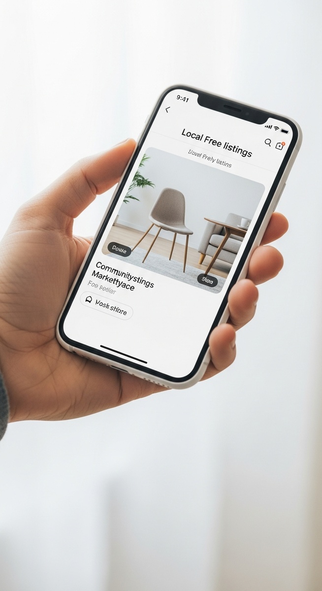 hand holding a smartphone showing a free furniture listing on a community app