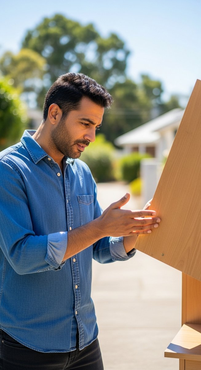 man examining a piece of furniture left out for free collection on a street