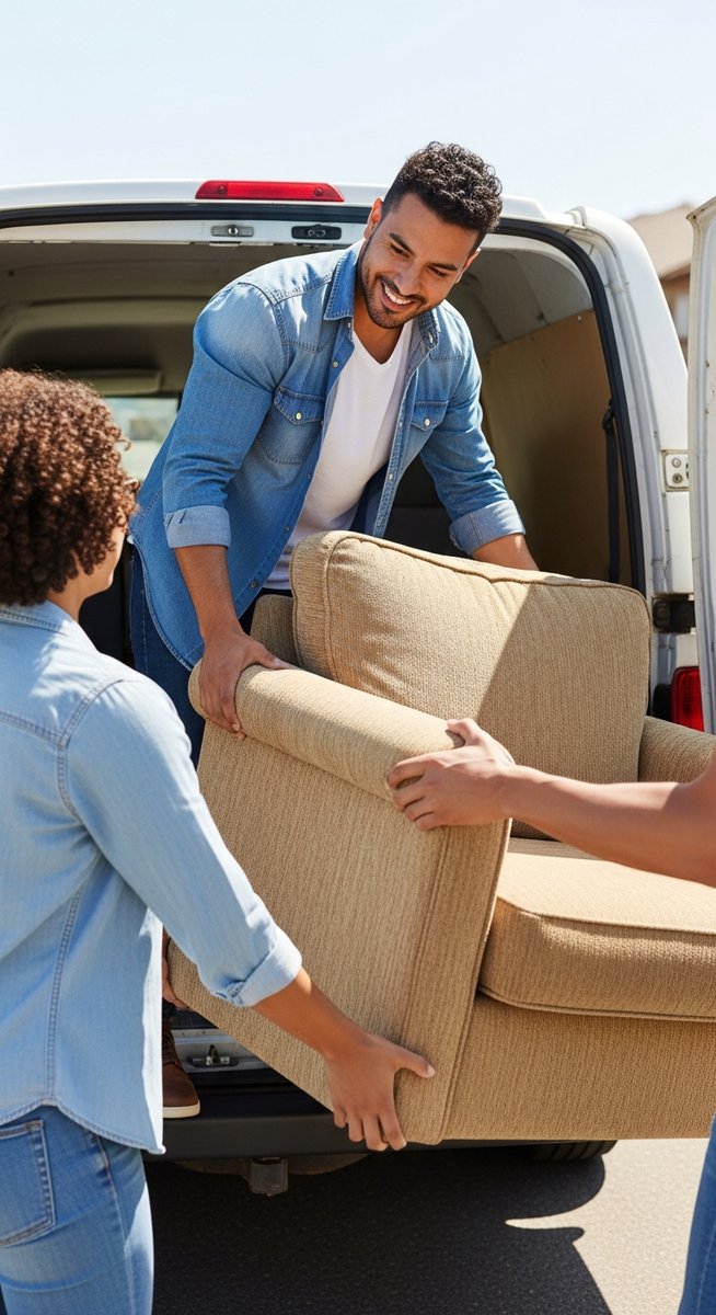 man loading a free sofa into the back of a van with a friend