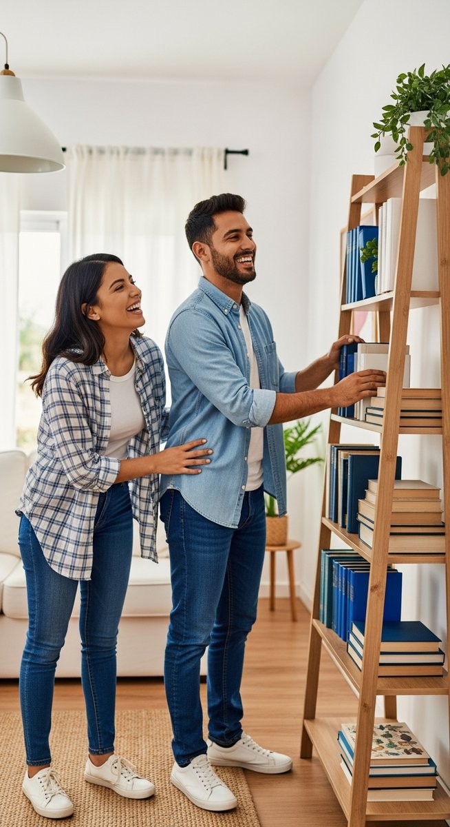 couple arranging a free bookshelf in their living room and laughing
