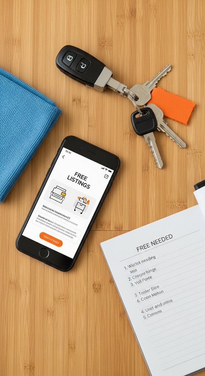 flatlay of a smartphone with a free listings app, keys, a cleaning cloth and a notepad on a wooden floor