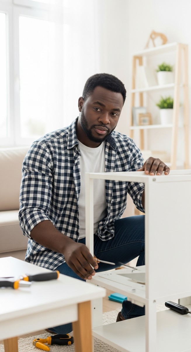 man assembling a piece of second-hand furniture in a bright living room