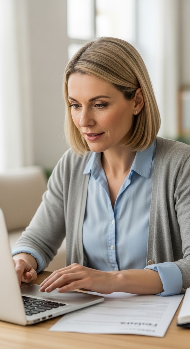 woman browsing free furniture listings on a laptop at a home desk