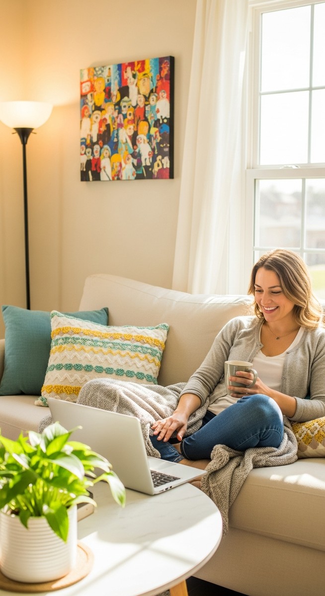 a woman smiling while working on her laptop at home to get gift cards