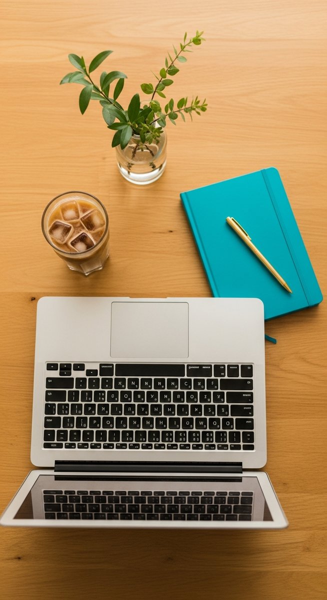 flatlay of a laptop and teal notebook on a wooden desk
