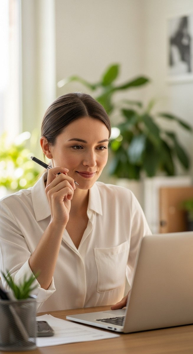 woman smiling and thinking at her home office desk