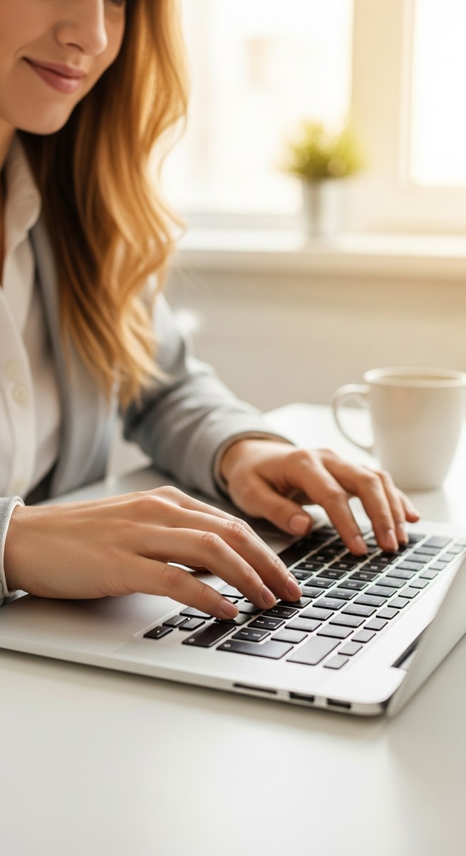 woman typing on a laptop at a bright clean desk
