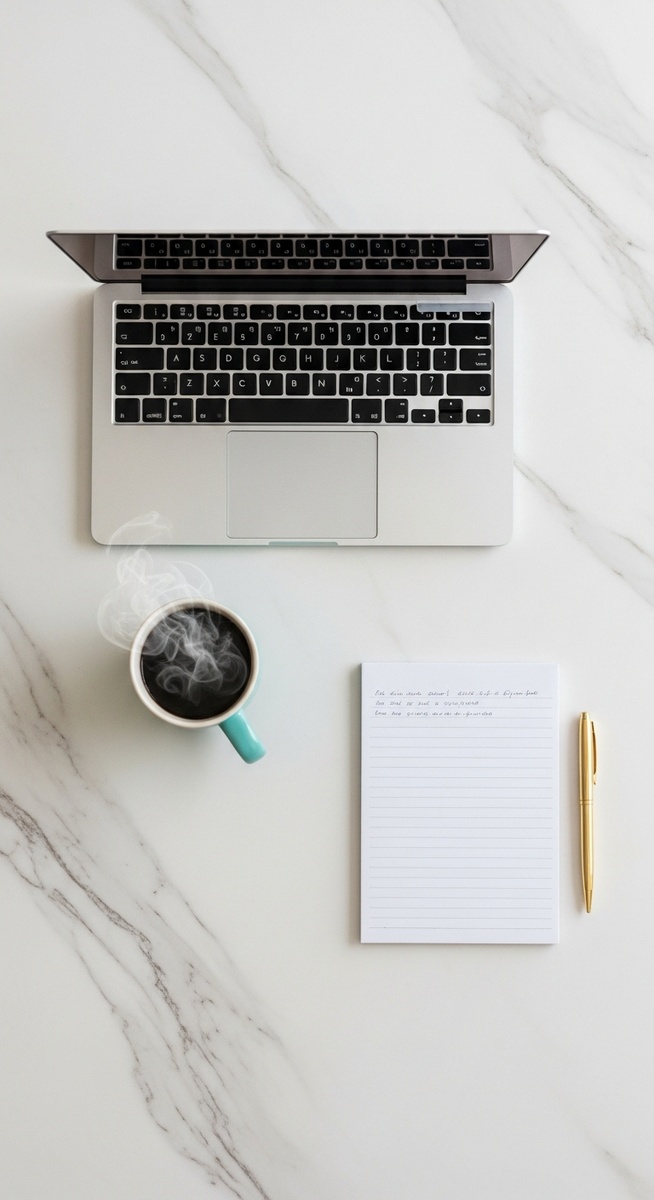 flatlay of a laptop and teal mug on a marble surface