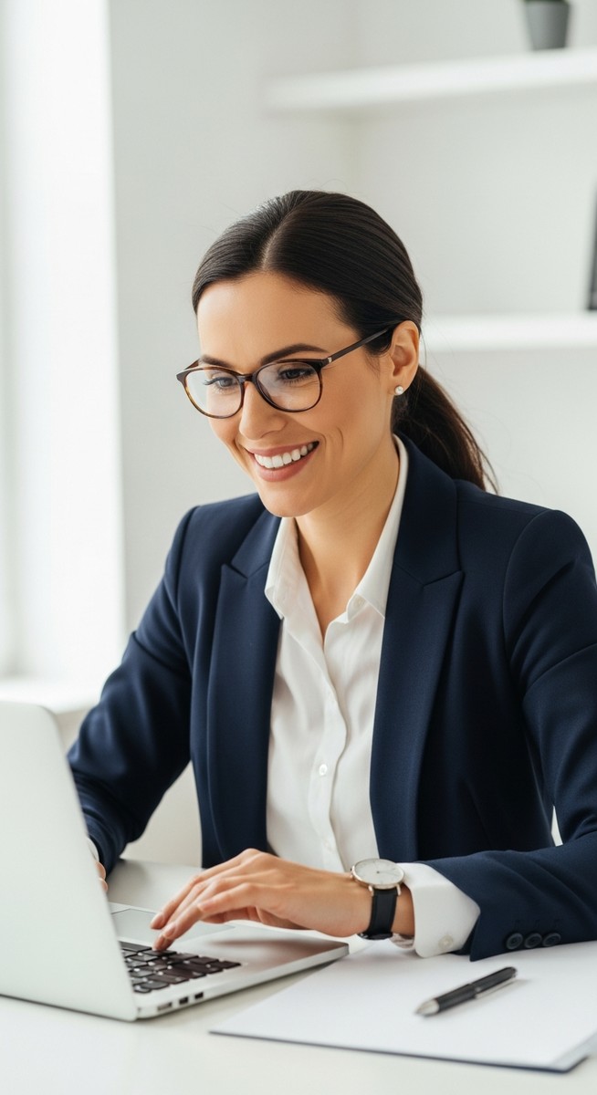 a woman working confidently on her laptop at a bright home desk to get gift cards
