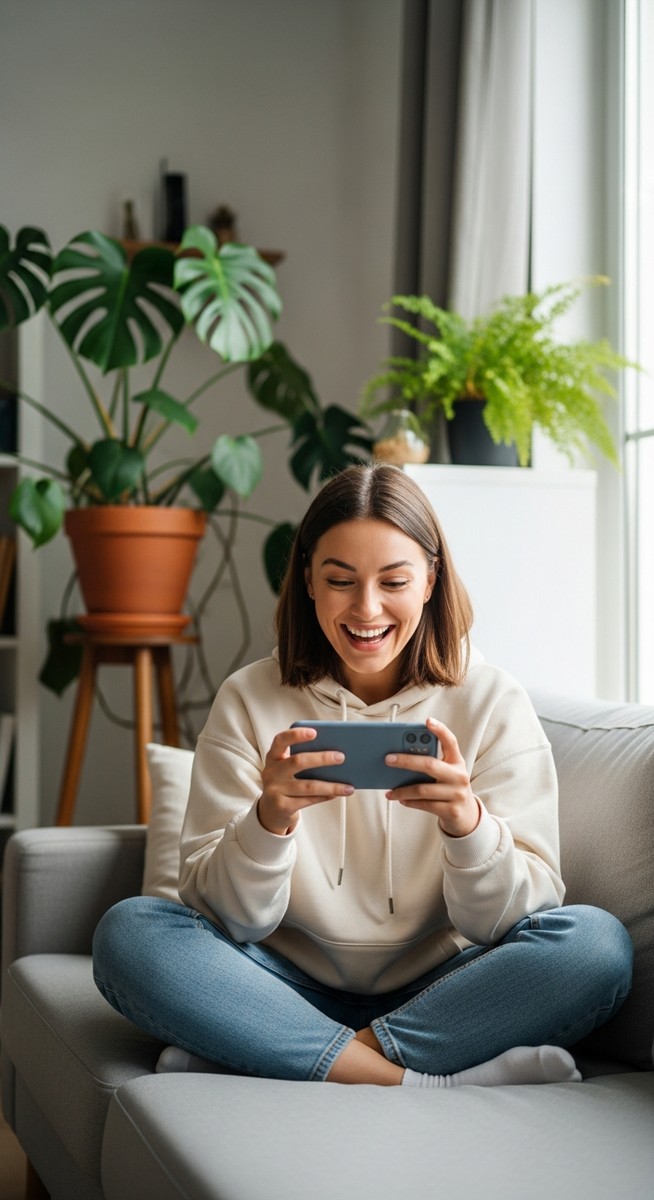 a woman smiling at her phone in a bright living room to get gift cards
