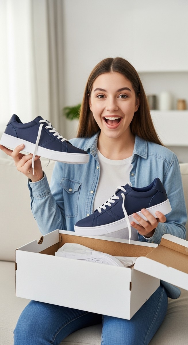 teenage girl holding up a new pair of shoes from a delivered box at home
