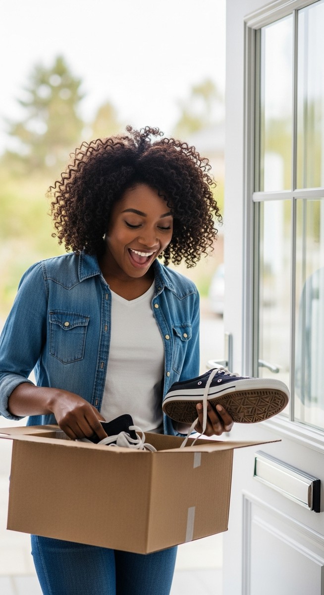woman opening a delivered parcel and pulling out a new pair of trainers at her front door
