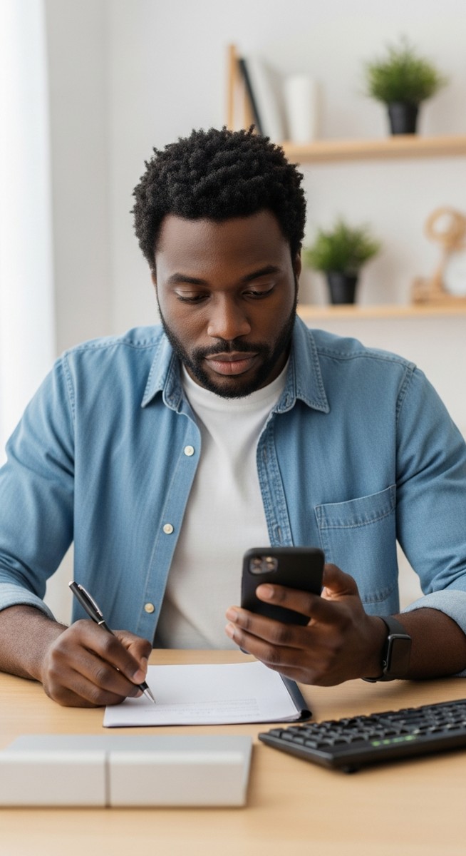 man signing up for a brand loyalty programme on his smartphone at a home desk