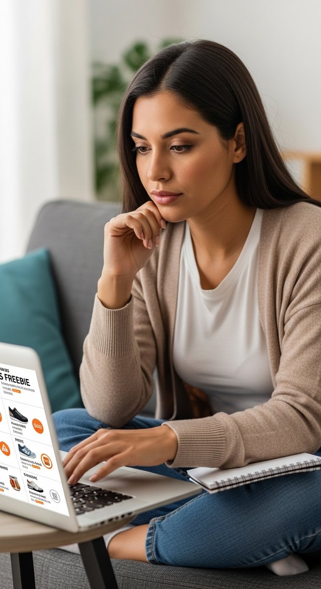 woman comparing shoe reward options on a laptop with a notepad on a sofa